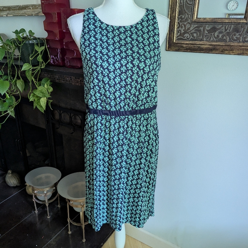 LOFT Wmns Large Petite Dress Ribbon Waistband Blue Turquoise Green Abstract 170